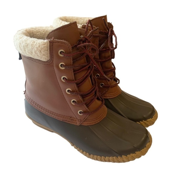 TOMMY HILFIGER | Women’s Brown Russel Faux Fur Lined Leather Duck Boots | Size 7 - Picture 1 of 11